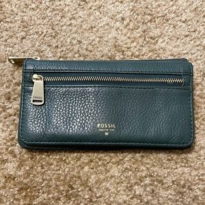 Fossil dark green leather zip wallet.